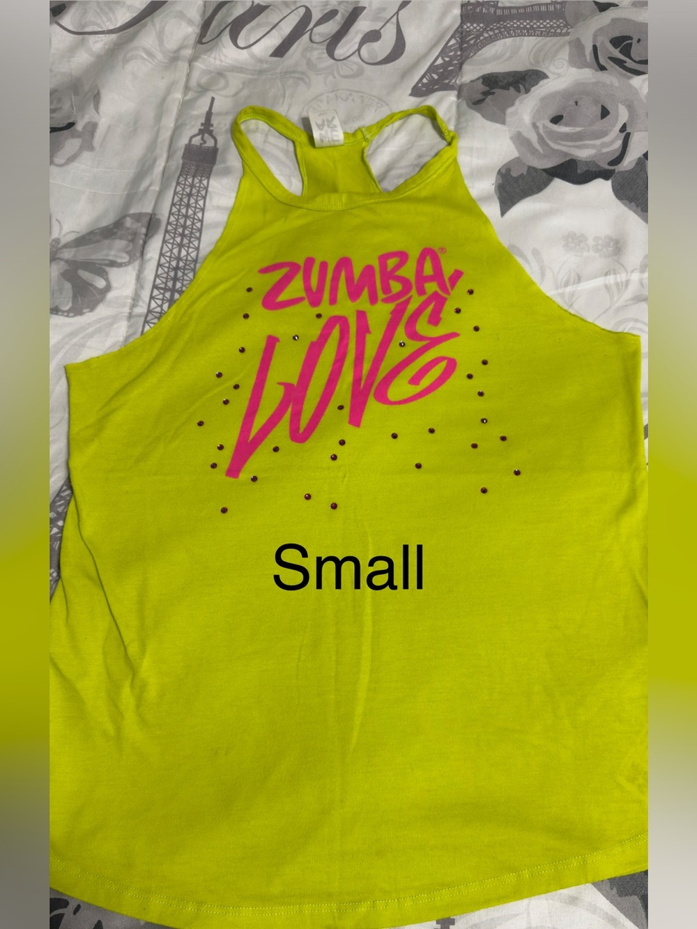Zumba Fitness Neon Yellow Tank with Hot Pink Logo with Swarovski